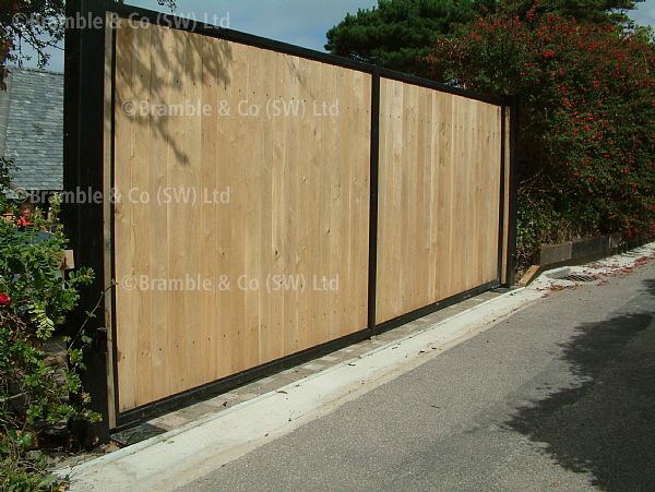 Wooden gates in steel frame,Devon